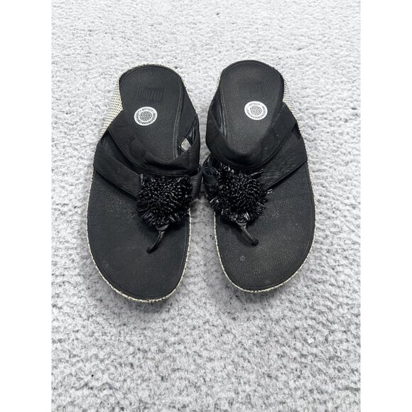Women's Fit On Black Pom Pom Slip On Micro Wobble Board Flip Flop Size 10 - Picture 1 of 9